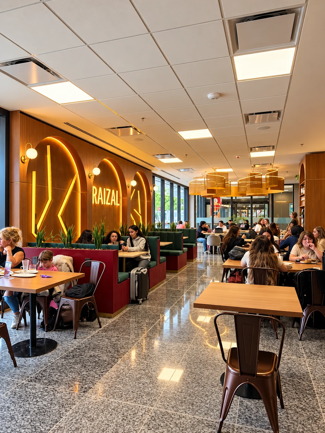 Salón de Raizal con mesas, comensales e iluminación cálida